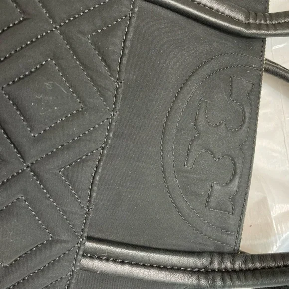Tory Burch black nylon leather quilted zipper tote bag